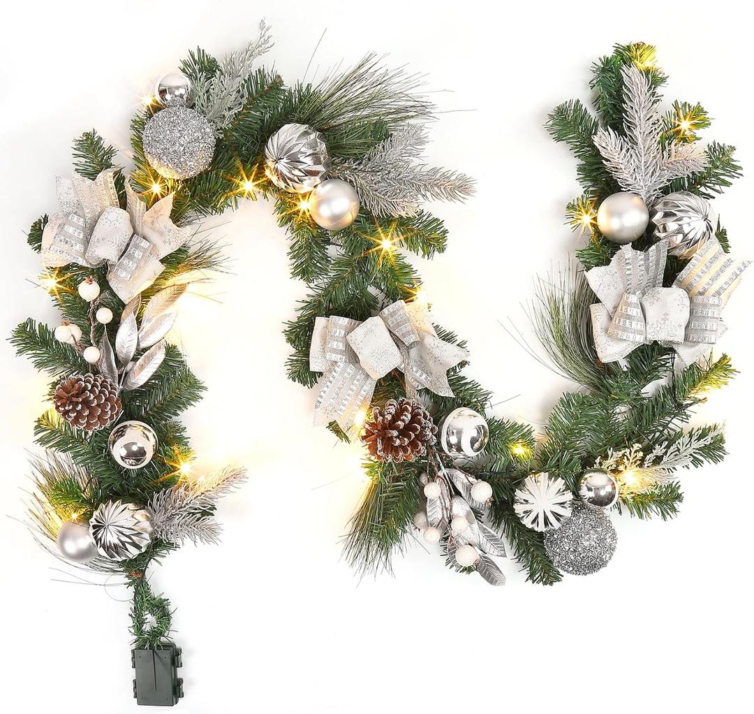 Adeeing 6FT Christmas Garland with Lights, Xmas Battery Operated Artificial Rattan with Classic Silver Decorations, Xmas Garland for Home Indoor Fireplace Mantle Outdoor Decor, Silver