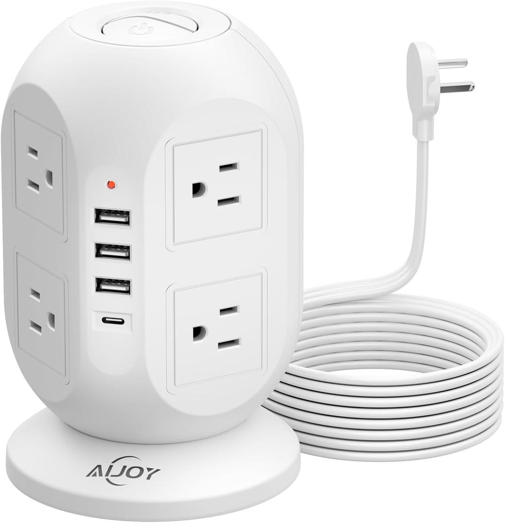AiJoy Surge Protector Power Strip Tower with 8 Outlets 4 USB Ports(1 USB-C), 10 FT Flat Extension Cord with Multiple Outlets, Charging Tower with Surge Protection for Home Office Dorm Room Essentials