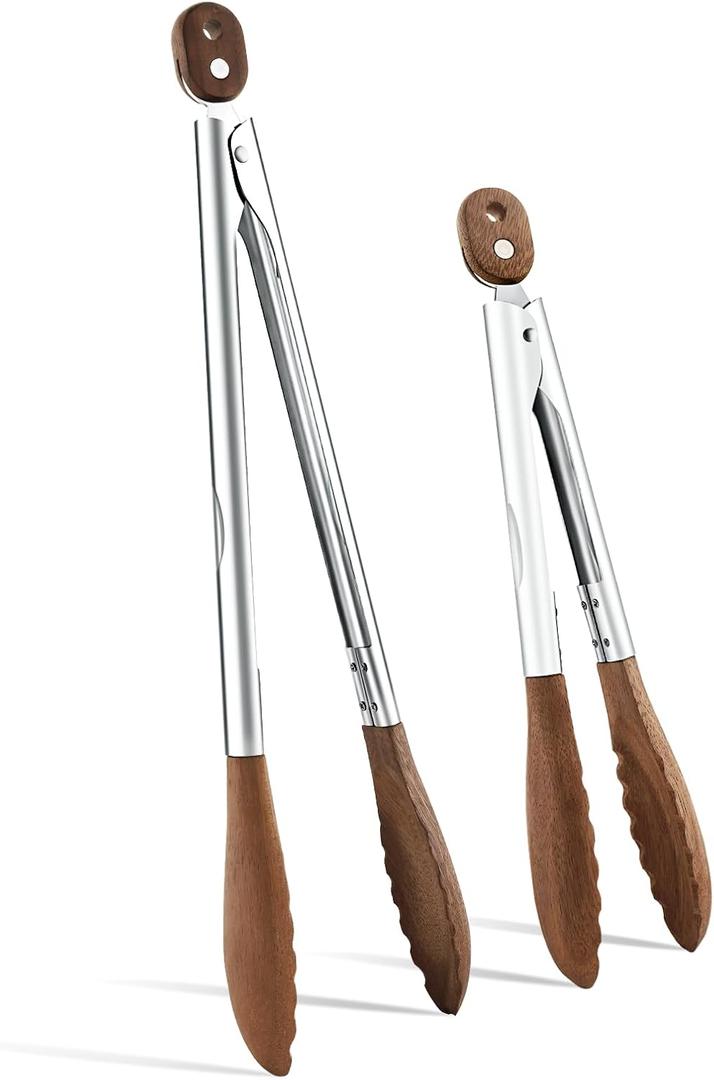 10 & 13 Inch Wooden Tongs for Cooking, Kitchen Stainless Steel Salad Tongs with Walnut Wood Tip, Serving Food Toaster Bread Non Toxic Grill Tong, Smooth Locking & Hanging Cooking Utensils Set (Tan Brown)