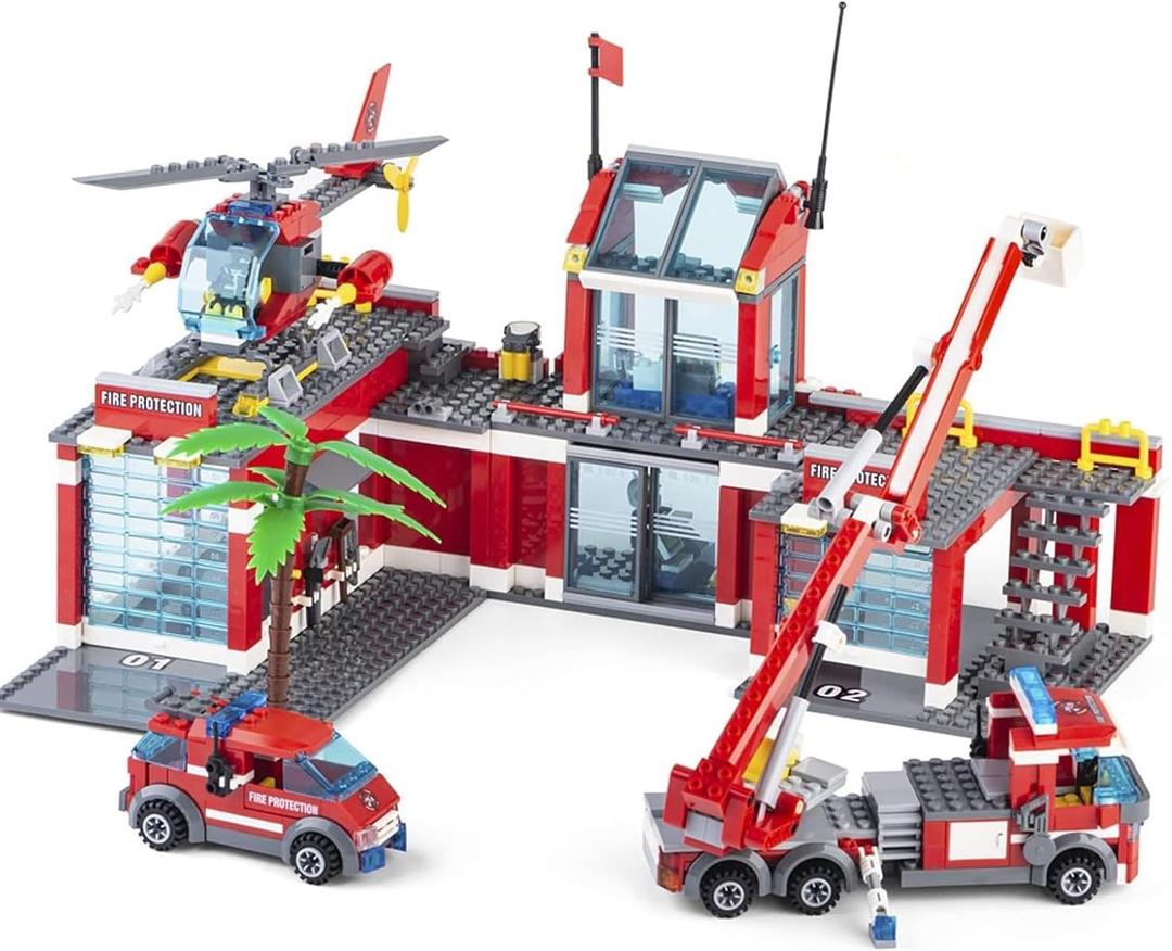 QLT QIAOLETONG City Fire Station Building Kit, 774 Pcs Building Set Including Fire Station, Fire Truck, Fire Helicopter,Fire Fighter, City Building Blocks STEM Toys Gift for Boys 6-10 Years Old.