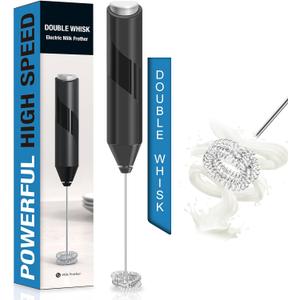 Double Whisk Milk Frother, Handheld Electric Blender stick, Drink Mixer with Food Grade Stainless Steel Stirrer, Battery Operated Foam Maker for Coffee, Cappuccino, Frappe, Matcha, Hot Chocolate Latte (Black)