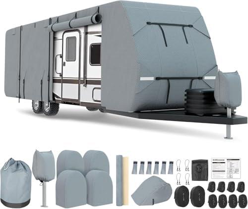 DenForste RV Cover 30-33ft, Travel Trailer Heavy Duty Extra-Thick 8 Layers Anti-UV Waterproof Windproof Camper Cover with Tongue Jack Cover, Extra Windproof Ropes, Gutter Covers