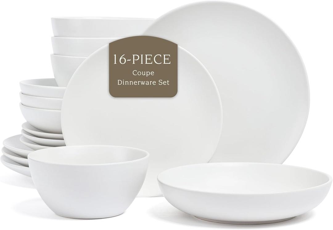 over&back Coupe Dinnerware Set - Stoneware Dishes - Comes with 4 Dinner Plates, 4 Salad Plates, 4 Cereal Bowls, and 4 Dinner Bowls - 16-Piece All-Occasion Place Settings - Semi-Matte White