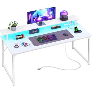 PRAISUN 48 inch Gaming Desk, LED & Power Outlets, Monitor Stand, White