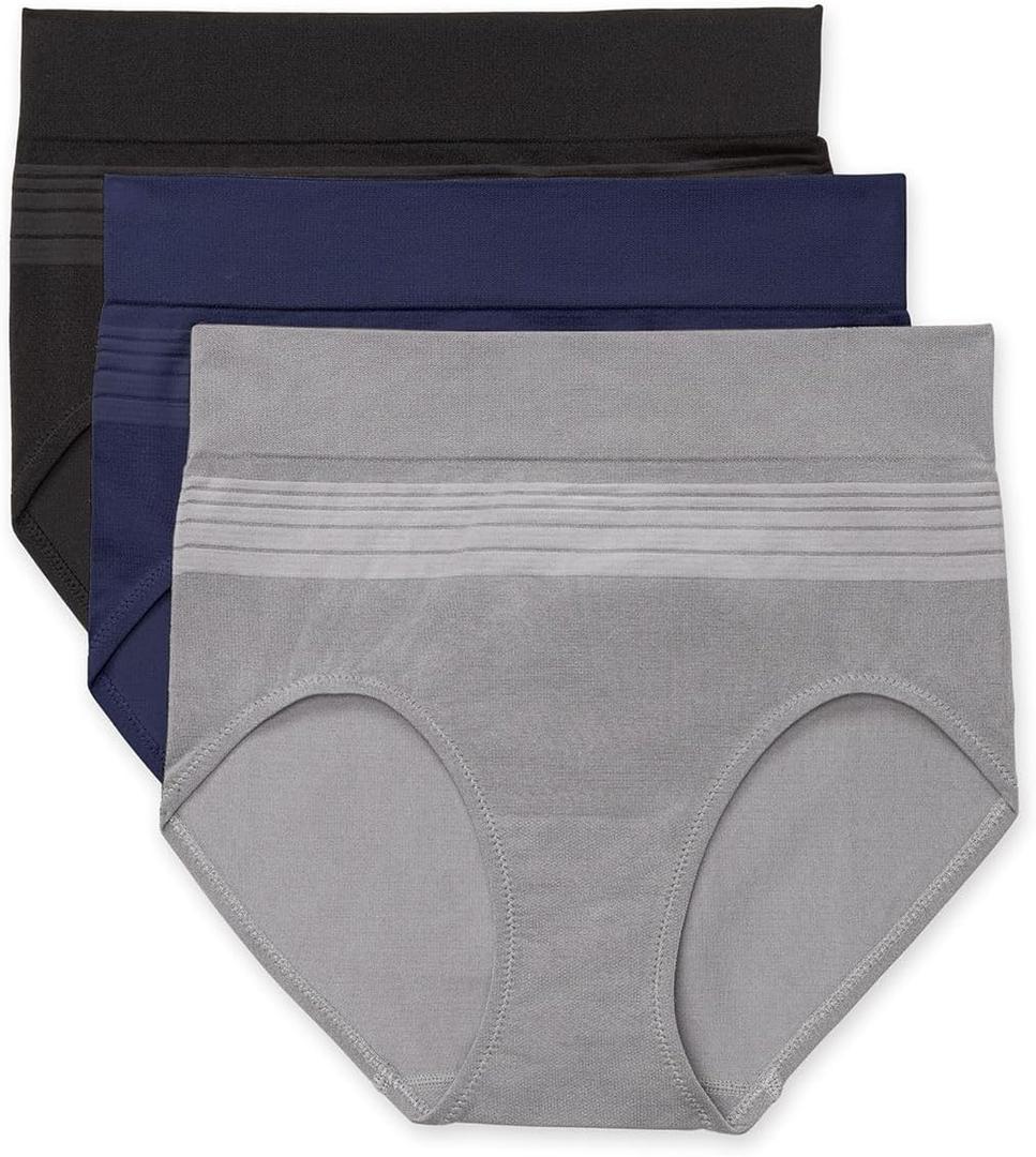 Warner's Women's Blissful Benefits Dig-Free Seamless Brief 3-Pack (X-Large, Smoked Pearl / Navy Ink / Black)