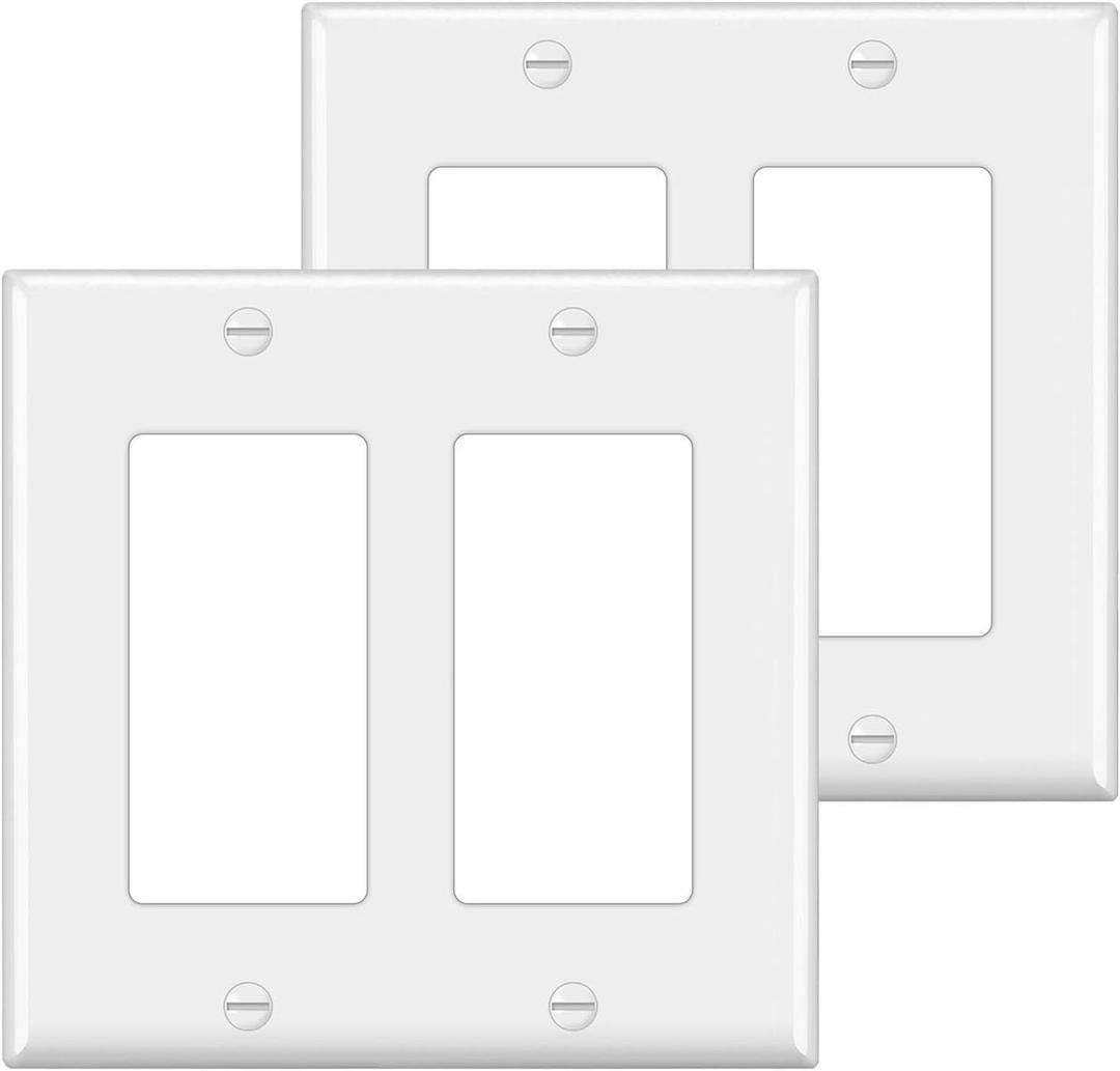 [2 Pack] BESTTEN 2-Gang Decorator Wall Plate, Standard Size, H4.53 x W4.57, Unbreakable Polycarbonate Outlet and Switch Cover, UL Listed, White
