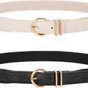WERFORU 2 Pack Women Skinny Elastic Waist Belt Gold Buckle Stretchy Thin Belt for Jeans Dress, L