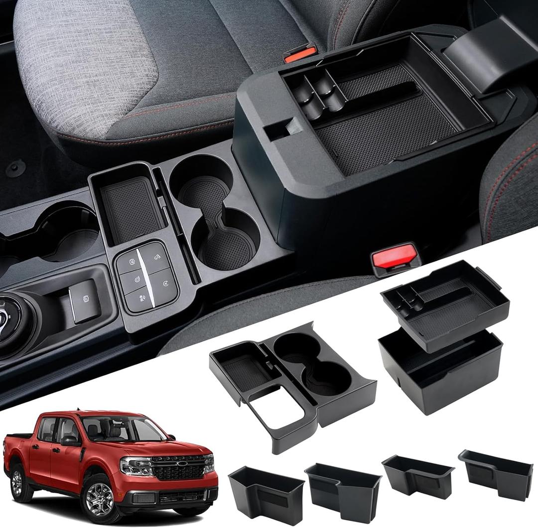Mabett Center Console Storage Organizer and Dual Cup Holder for Ford Maverick 2022-2026 Accessories, with Door Handle Storage Organizer, Center Console Armrest Organizer Set Fit Maverick (7PCS)