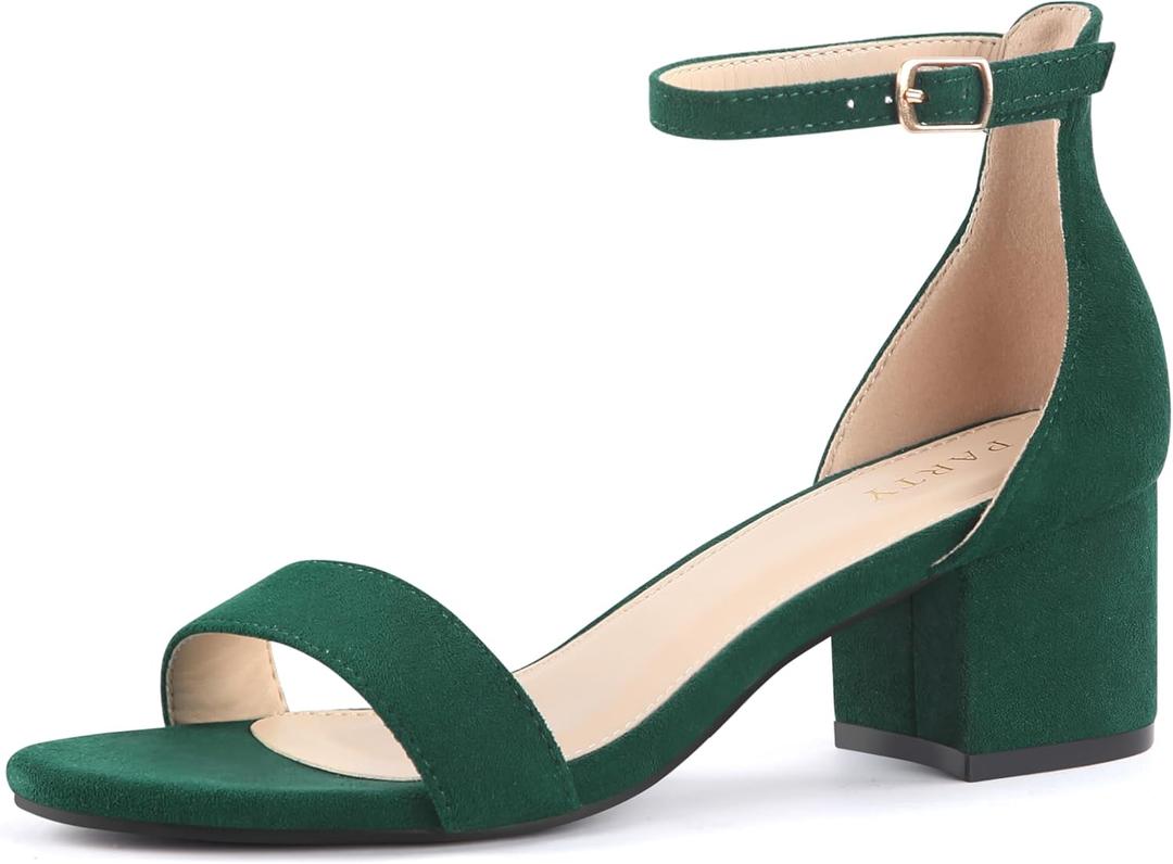 PARTY Women's Open Toe Ankle Strap Low Block Chunky Heels Sandals (8, Emerald Green)