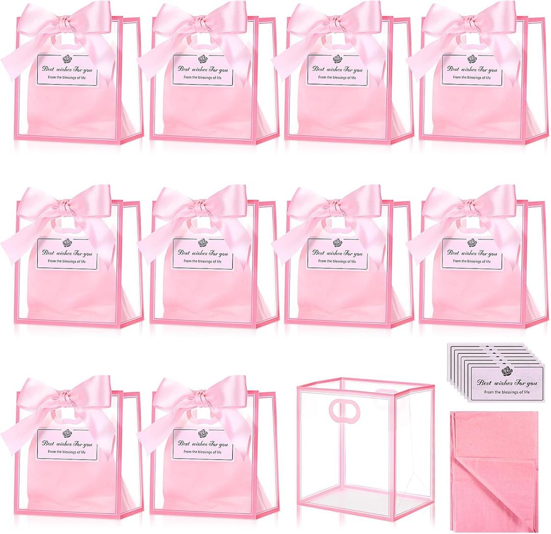 Tenare 12 Pack 42.84.5 Inch Easter Mini Clear Plastic Gift Bags with Handles Wedding Extra Small Transparent Party Favor Bags Bulk with Ribbon Tissue Paper for Easter Party Supplies(Pink)