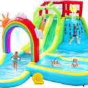 Inflatable Water Double Slides Park with Blower, Bouncy Castle with Rainbow Water Curtain, with Shooting and Rock Climbing