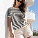 Aprolive Short Sleeve Sweater for Women Striped Knit Pullover Top with Chest Pocket Loose Fit T Shirt for Summer Business Casual Work(1-Apricot Grey, Medium)