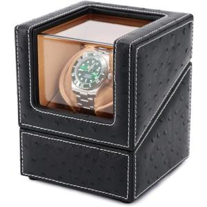 Automatic Single Watch Winder for Rolex and Other Luxury Watches - Automatic Winder with Quiet Motor, Premium Black Ostrich Leather Exterior and Soft Flexible Watch Pillows of Camel Velvet