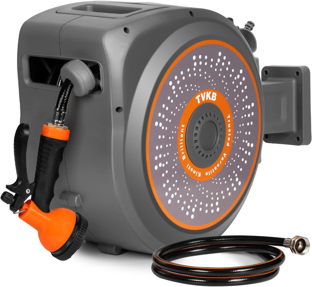 Retractable Garden Hose Reel 100ftx1/2" Wall Mounted Automatic Rewind Water Hose Reel with Slow Retraction System, Any Length Lock, 10 Pattern Nozzle For Outside Deck Lawn, Concrete Floor
