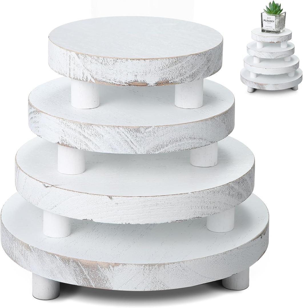 Geetery 4 Pcs Wooden Risers for Display Wood Pedestal Stand Mini Tray Stand Round Wooden Pedestal Holder Rustic Riser for Decor Tiered Tray Decor Home Kitchen, 4 Size(White)