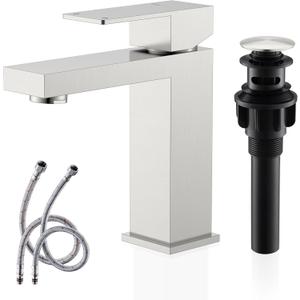 KENES Single Handle Bathroom Sink Faucet, Brushed Nickel Vanity Faucet for Bathroom Sink, with Pop Up Drain Stopper & Water Supply Lines LJ-9031 (Short)