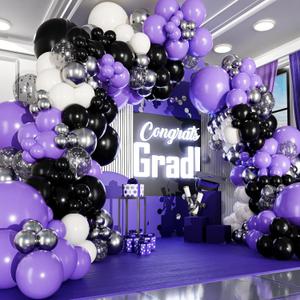 ALL-IN-1 Purple and Black White Balloons Garland & Arch Kit Small and Large White Purple and Black Balloons Party Decorations for Graduations, Birthdays, Retirement, Halloween Wednesday