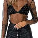 Women Y2K Sexy Sheer Mesh See-Through Shirts Long Sleeve Turtleneck Sparkle Tee Blouse Tops Clubwear (Small)