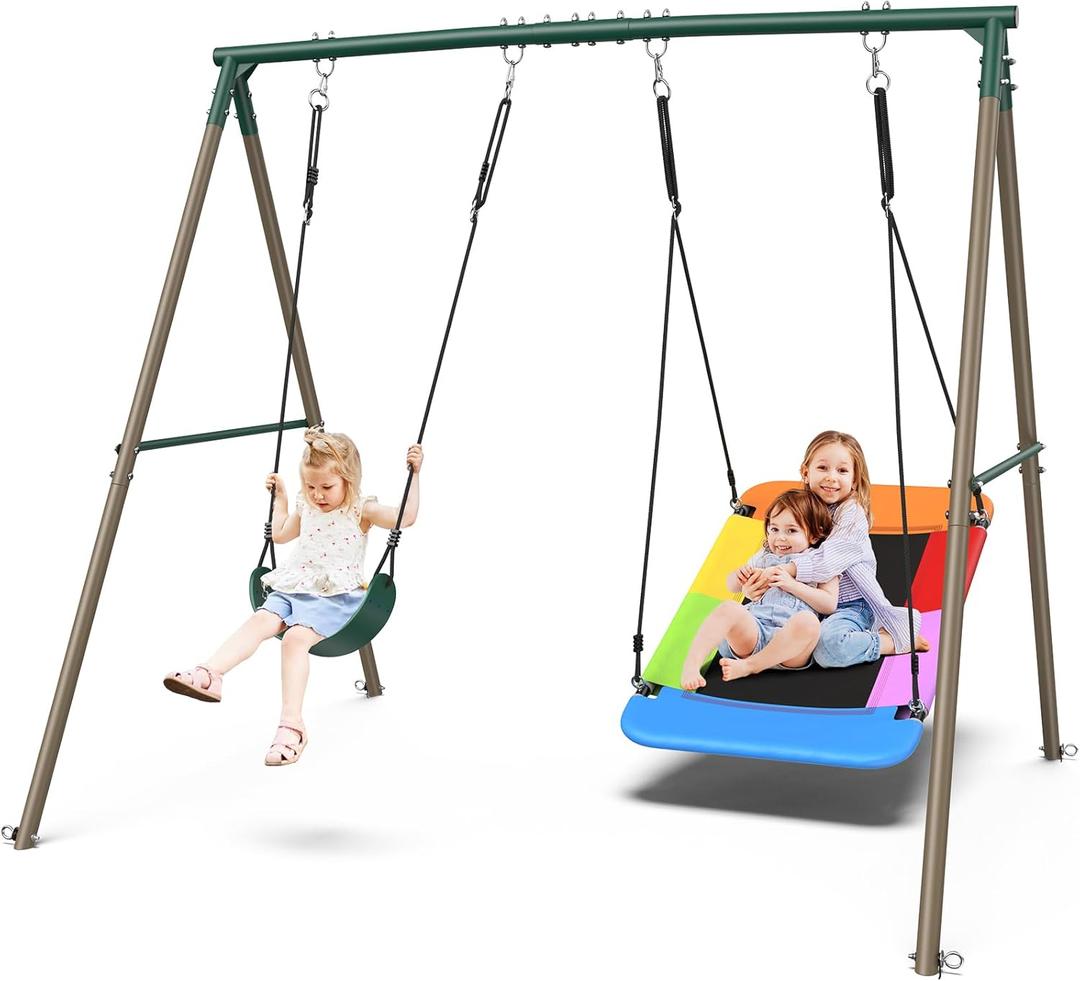 Hapfan Swing Sets for Backyard with 45" Platform Saucer Swing and Belt Swing, 440 lbs Swingset Outdoor for Toddler and Kids 3-8 Backyard