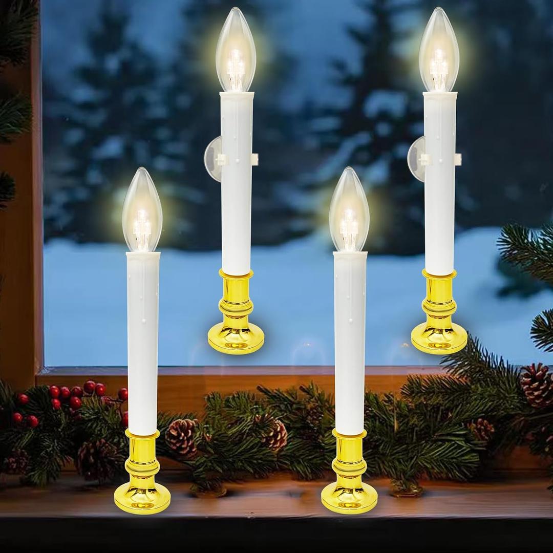 4 Pack Window Candles Battery Operated with Timer,Electric LED Candle Flameless with Gold Candle Holders&3v Ultra-Bright Led Bulbs,Christmas Window Candles for Christmas Holiday Decoration