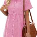 LookbookStore Women's Short Sleeve Button Down Flowy Tiered Babydoll Denim Dress (Medium, Aurora Pink)