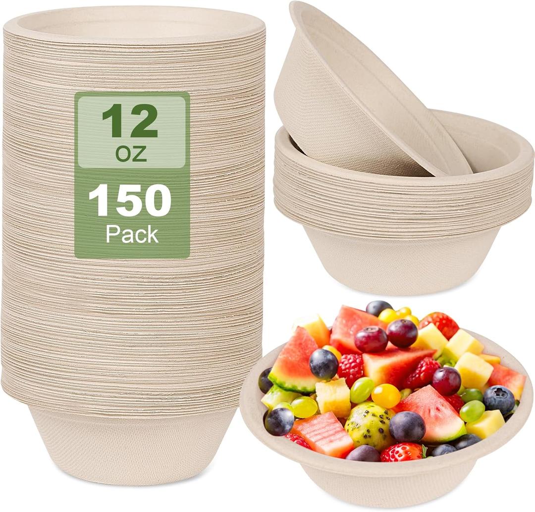 150 Pack Paper Bowls Disposable 12 OZ - Heavy-Duty 100% Compostable Eco-Friendly Biodegradable Soup Bowls, Heat Resistant Bagasse Bowls with Box, Suitable for Salad, Dessert, Milk, Cereals