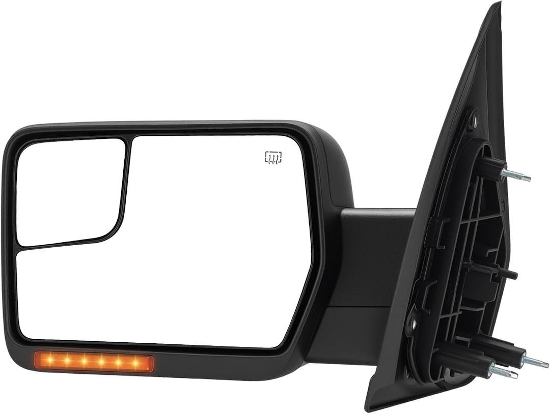 Driver Side Tow Mirror Compatible with 2004-2014 Ford F150, Side Mirror with Power Heated Turn Signal Puddle Light Manual Folding, Reflective Strip, Left, Driver Side Only