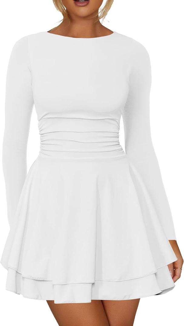 Kaximil Women's Crew Neck Long Sleeve Corset Mini Dress Ruffle Hem Short Party Club Dresses (Medium, White)
