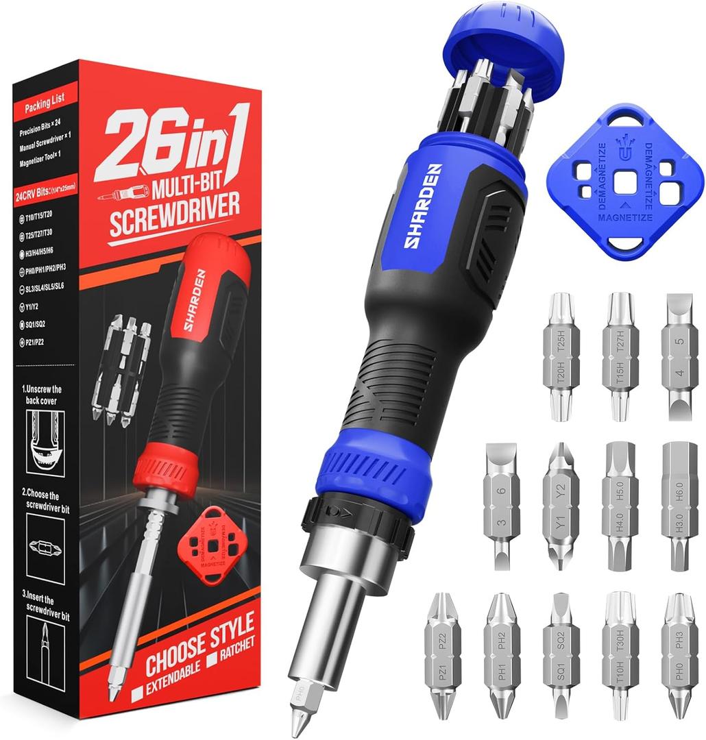 SHARDEN 26-in-1 Ratcheting Screwdriver Set Multi Ratchet Screwdriver Multi Screwdriver Tool Kit with 12 Double Ended CRV Bits Phillips Slotted Torx Hex Portable Tool for Home Bike Computer Repair (Blue)