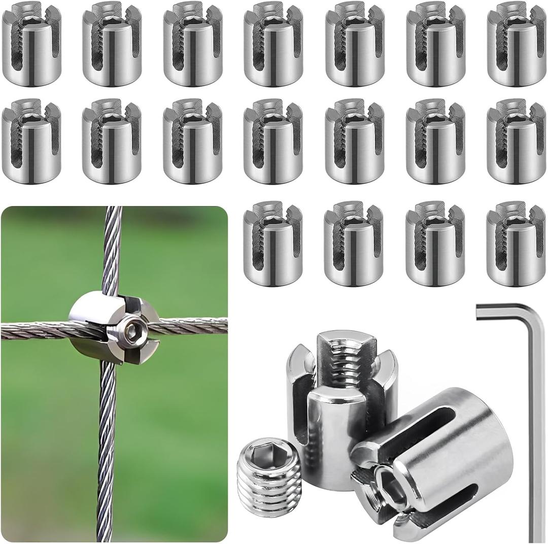 20PCS Cross Cable Clamps, T316 Stainless Steel Cross Clamps for 1/8" Wire Rope or Rod Fittings, No Drilling Required Clips for Wire Trellis Kits, Espalier Cable Trellis System (Heavy Duty)