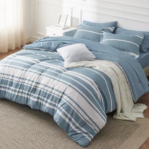 Bedsure California King Comforter Set 7 Pieces, Grey Blue Striped Bedding Set for Cali King Size Bed Reversible, Cationic Dyeing Bed in a Bag with Comforter, Sheets, Pillowcases & Shams
