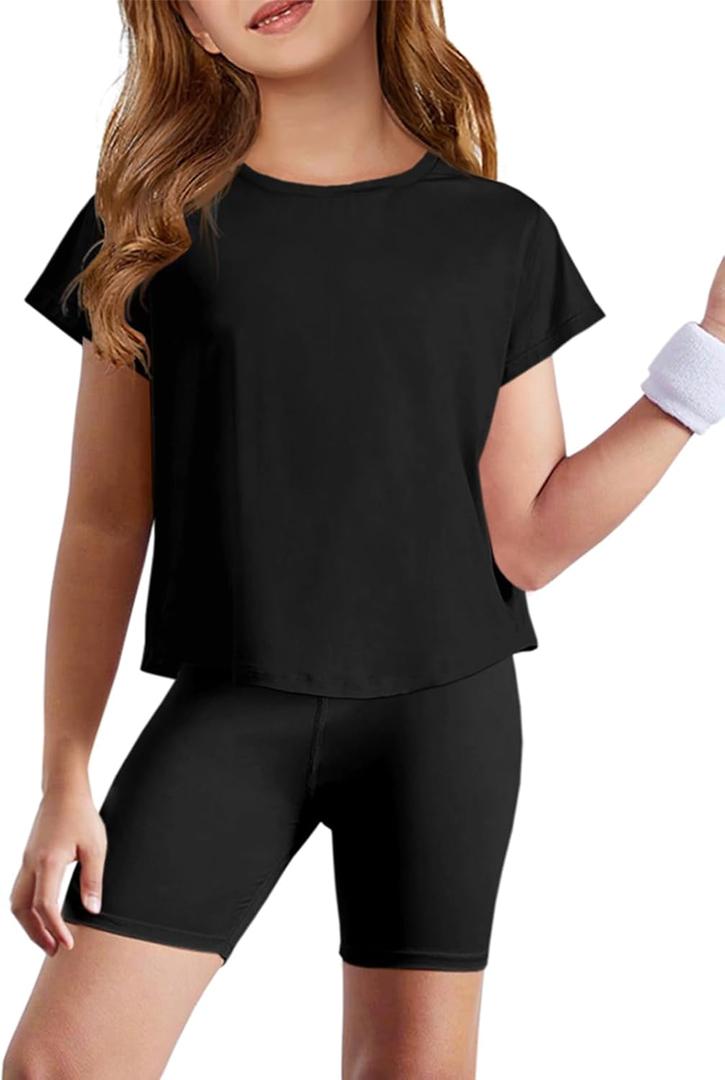 Haloumoning Girls Loose Athletic Shirts Short Sleeve Crop Tops Kids Quick Dry Gym Yoga Tees (9-10 Years, Black)