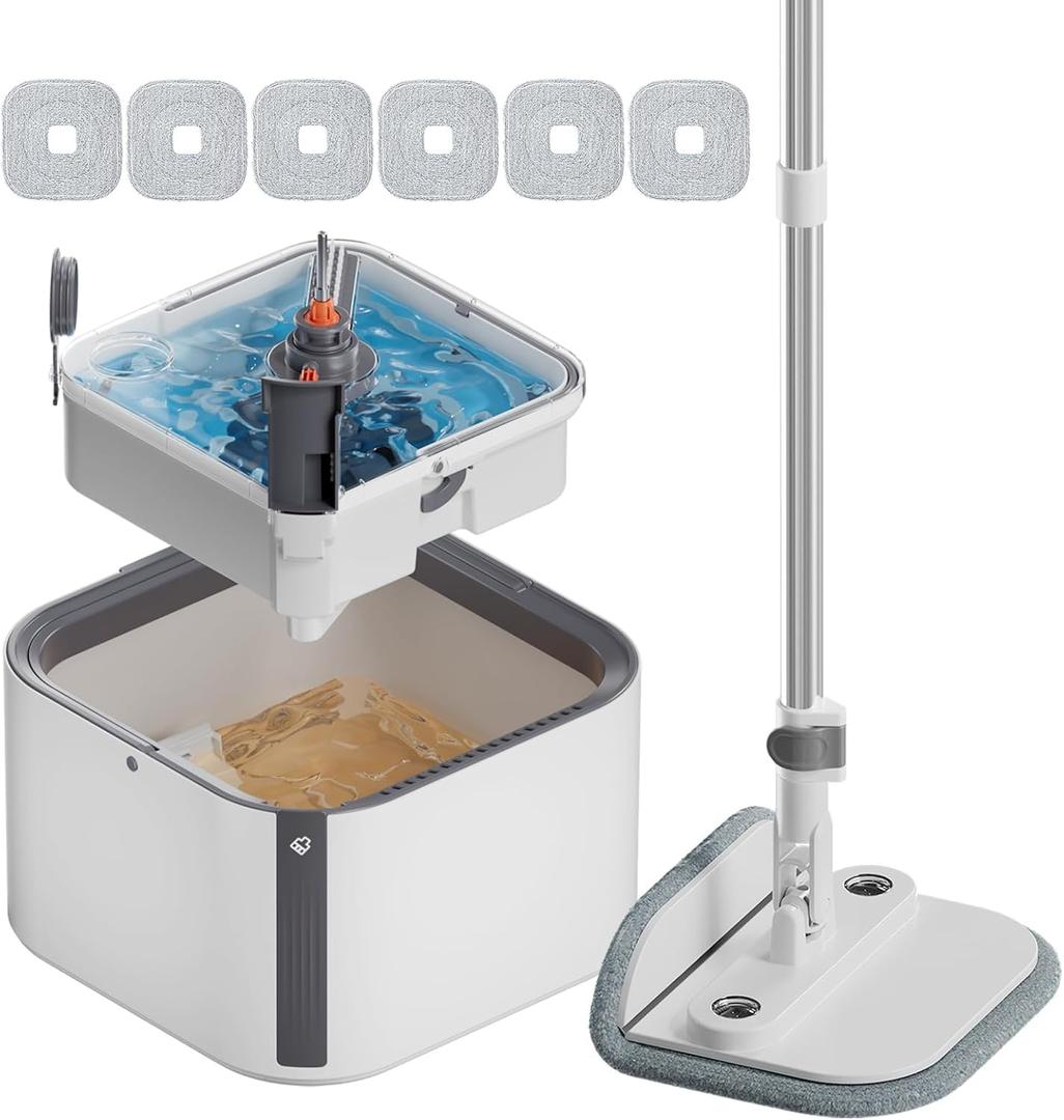 KZKR Upgraded Spin Mop and Bucket Set, Separate Clean and Dirty Water System, 360° Foldable Square Mop Bucket Head with Washable Microfiber Mop Pad, Detachable Bucket for Home Floor Cleaning