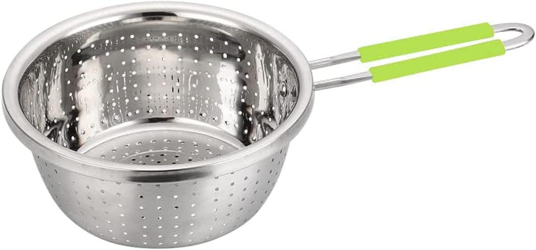 Stainless Steel Perforated Colander Strainer with Long Green Handle Sieve Sifters Use for Kitchen Food Pasta Noodles Spaghetti Vegetables Silver - 7.9inch