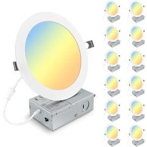 Elaruslux 12 Pack 7 Inch 3CCT Ultra-Thin LED Recessed Light with Junction Box, 3000K/ 4500K/ 6000K Selectable, 18W Eqv 125W, Dimmable Canless Downlight, 1600LM High Brightness