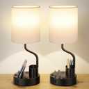 White Bedside Table Lamps for Bedroom Set of 2 - Nightstand Light with AC Outlet and USB A & C for Charging, 3 Color Temperatures Desk Lamp with Pen Holder & Phone Stand for Living Room/Dorm/Office