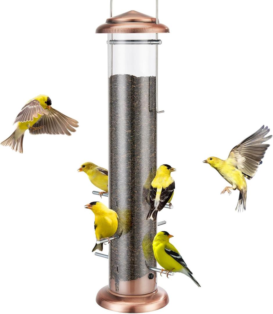 Kingsyard Metal Finch Feeder for Thistle/Nyjer Seed, Tube Bird Feeders for Outdoors Hanging, 2 lbs Large Capacity, Easy to Refill & Clean, Antique Copper