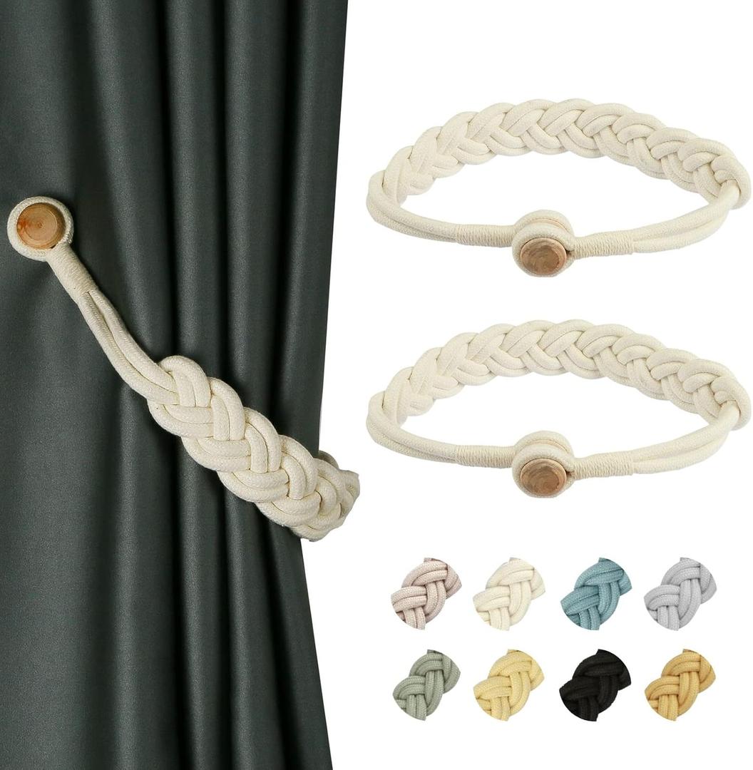 BEL AVENIR Curtain Tiebacks Magnetic Woven Curtain Holdback Drapery Tie-Back (Ivory Braid-2 Pack)