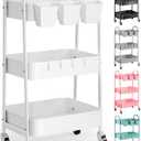 3 Tier Heavy Duty White Metal Rolling Cart with Lockable Wheels, Three Tier Roller Book Snack Cart, Utility Storage Organizer Carts for Kitchen, Bathroom, Garage, Baby Diaper, Craft, Art, Teacher