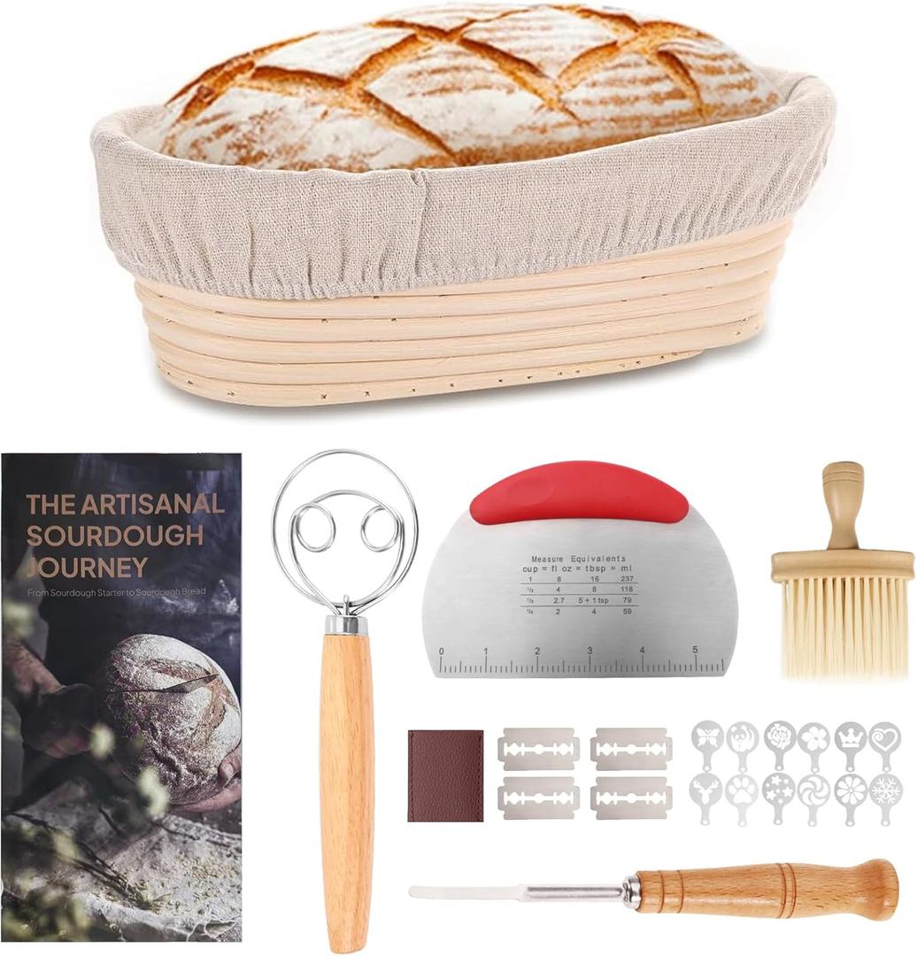 9 Inch Banneton Proofing Basket Set, Sourdough Starter Kit for Artisan Bread Baking, Includes Tools for Dough Proofing and Gift Packaging