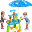 Hugut 2025 Upgraded 3-Tier Sand Water Table with Umbrella  Outdoor Backyard Sensory Activity Table for Kids, Perfect for Boys and Girls Summer Fun