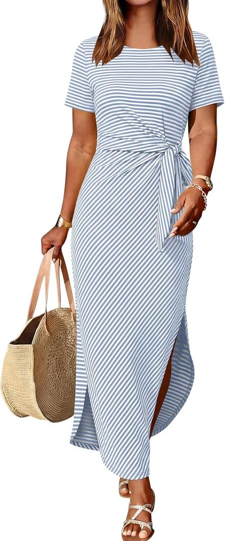 Prinbara Womens Summer Maxi Dress Casual Short Sleeve Tie Waist Split Long Tshirt Dresses 2026 Spring Vacation Cruise Clothes (Small, Striped Light Blue)