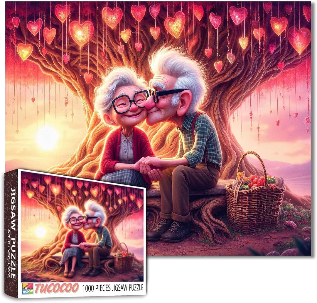 Elderly Couples Jigsaw Puzzle 1000 Pieces Sweet Kiss Under the Tree Puzzle for Adults Valentine Art Jigsaw Puzzle Easy Family Puzzle for Game Nights Home Wall Decor DIY Craft Unique Gift 20x27 Inches