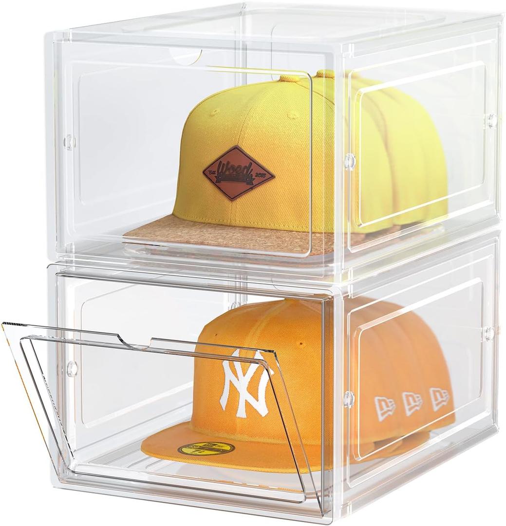 Hat Organizer Box, Stackable Clear Baseball Caps Holder Box Containers with Magnetic Door for Hats Snapback Cap Storage, Hat Rack Display Case, Holds 8 Hats Each (Clear, 2 Pack)