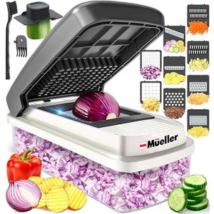 Mueller Vegetable Chopper Mandoline Slicer, Food Veggie Chopper, Cheese Grater, Onion Vegetable Cutter with Container, Dicer, Kitchen Gadgets & Essentials, White Sand/Grey