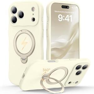 360 Spin Silicone Stand (Pro-Version) for iPhone 17 Pro Max Case: Cute Wavy [Full Camera Protection] (Fit for MagSafe) Shockproof Women Girl Phone Case for iPhone 17 Pro Max 6.9", Antique White