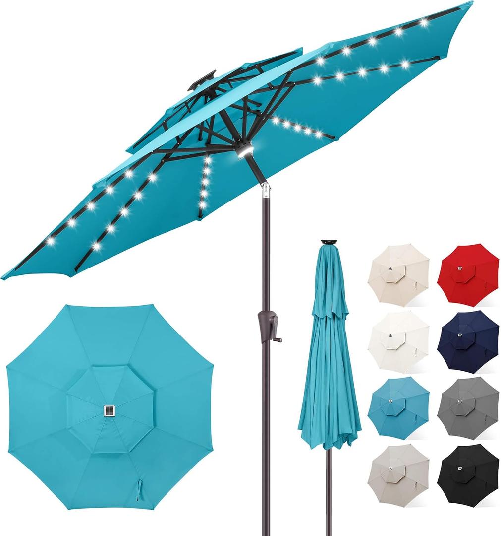 FLAME&SHADE 2 Tiers 9ft Solar Light Patio Umbrella, 40 LED lights outdoor umbrella with Centre Surround Light, Table Market Umbrella for Deck, Pool, Porch, Backyard, Garden (Aqua Blue)