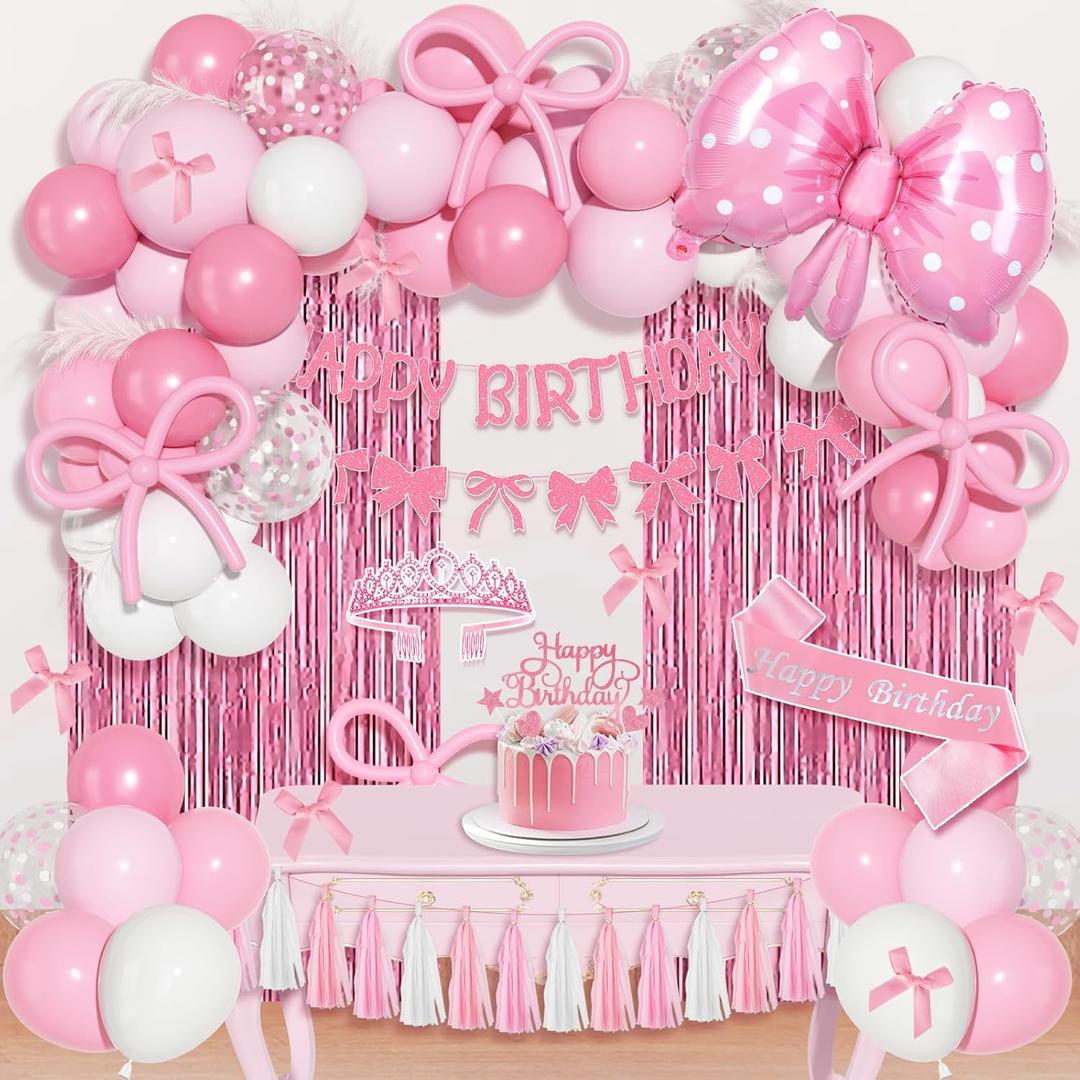 Ouddy Life Pink Bow Birthday Decorations, Coquette Themed Party Supplies with Light Pearl Pink White Confetti Long Balloons Happy Birthday Banner Paper Tassel Cake Toppers for Women Girls Baby Shower