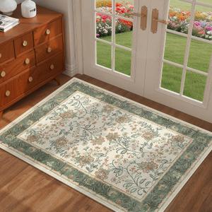 GarveeHome Small Sage Green Entryway Rug, 2x3 Washable Front Door Rug Indoor Entrance French Floral Carpet Non-Slip Beige Throw Rugs for Kitchen, Powder Room, Entry, Bathroom, Kids Room