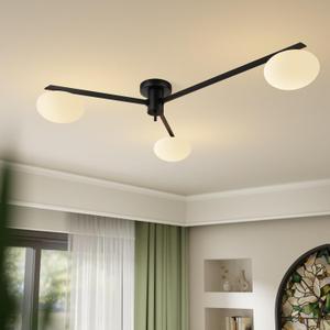 3-Light Modern Sputnik Chandelier with Milk Glass Shade - Black Flush Mount Ceiling Light for Kitchen